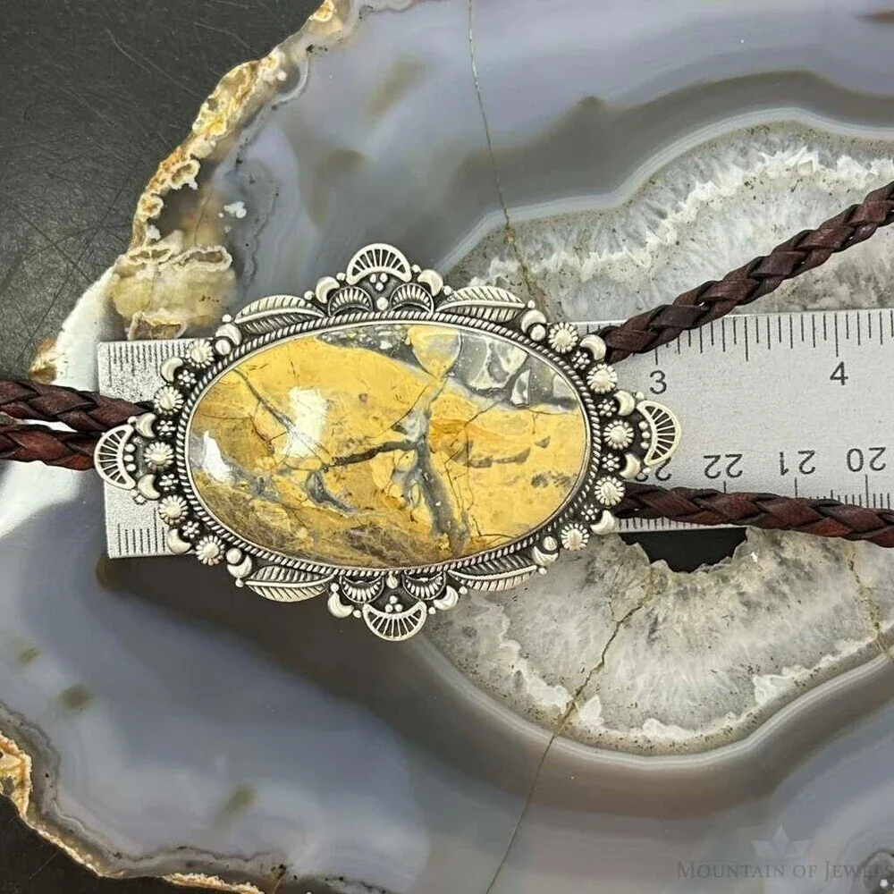 Sterling Southwestern Style Large Oval Picture Jasper Decorated Bolo Tie For Men